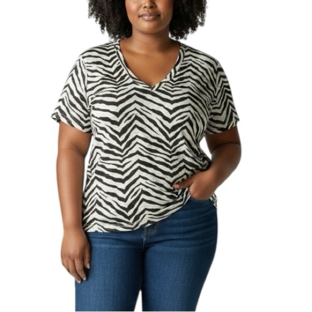 Tahari 100% Linen Zebra Print Top Black White Short Sleeve Size 2X